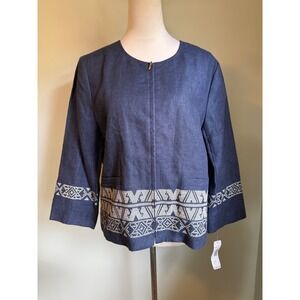 Pendleton Indigo Blue Linen Embroidered Southwestern Zip Jacket Large NWT boho y